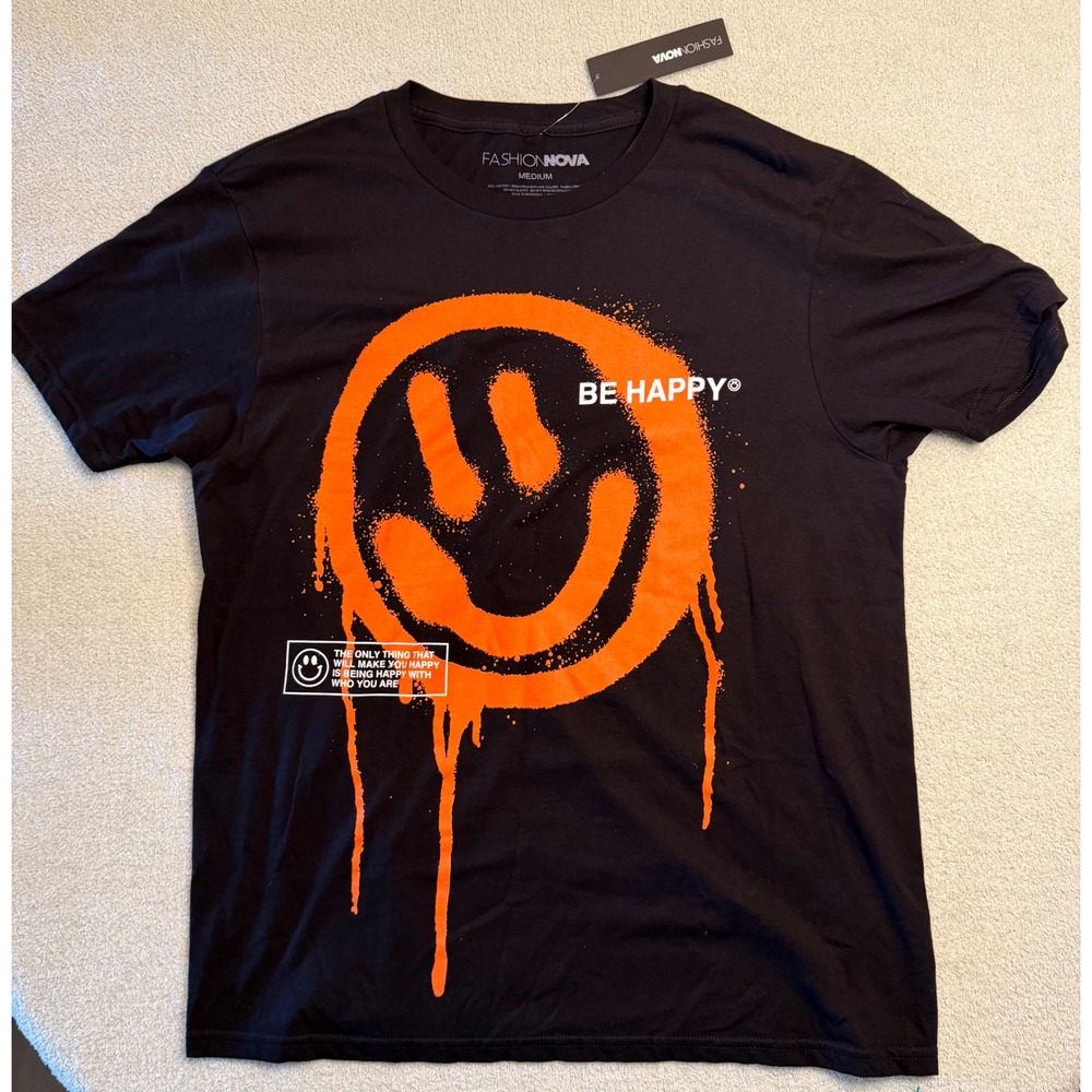 Fashion Nova Mens Be Happy Smiley Face Graphic Tee Black Orange Medium NWT